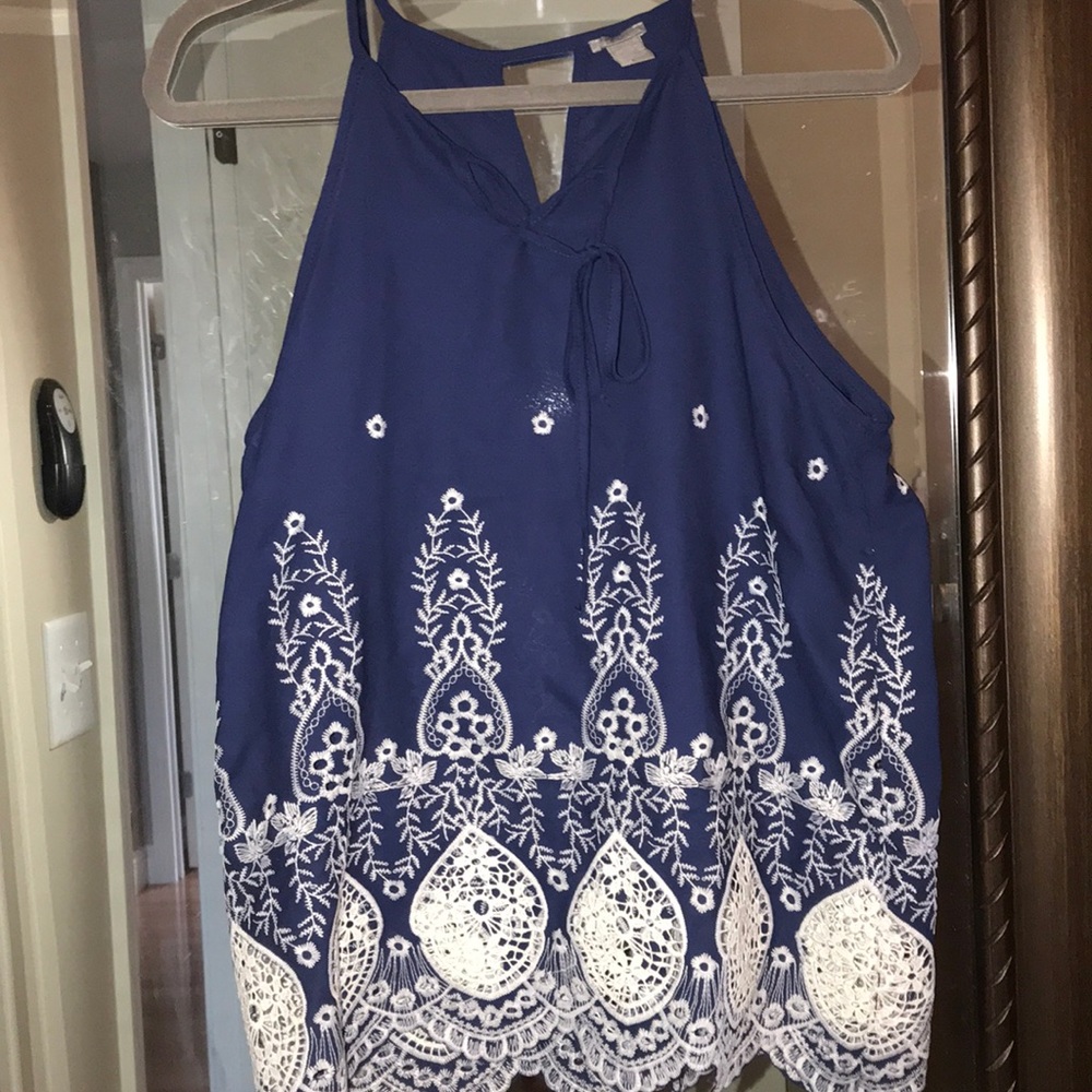 Embroidered navy tank top